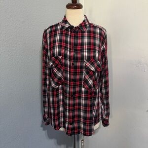 Sanctuary Women Boyfriend Classic Red & Black Plaid‎ Button Down Shirt Size S